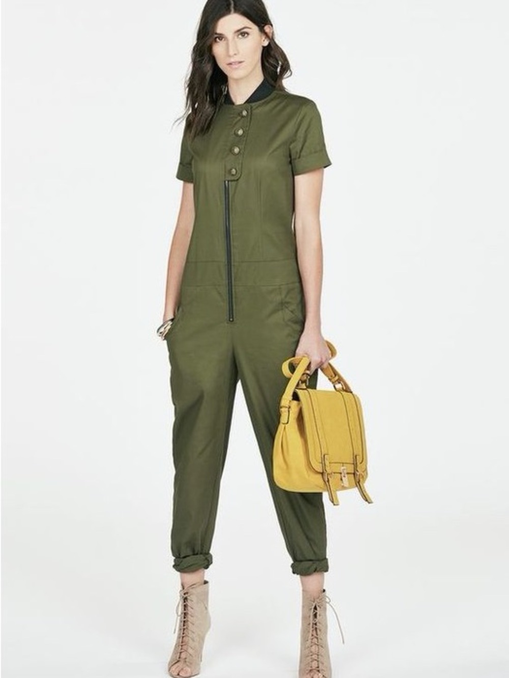 JustFab Olive Short-Sleeve Utility Jumpsuit with Front Zip